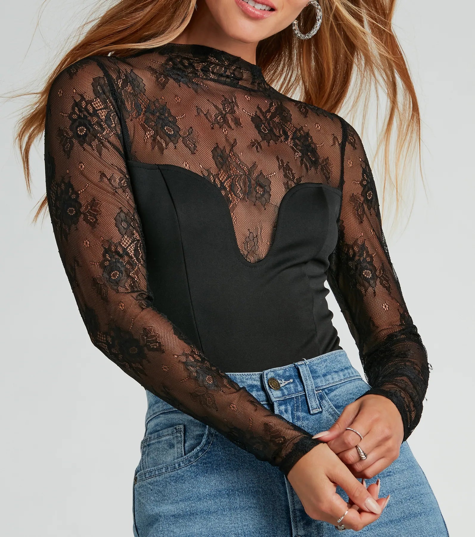 Sultry Allure Long Sleeve Sheer Lace Bodysuit Lace Dress Trend