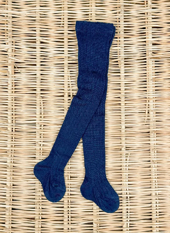 Warm Cotton Tights - Ribbed Blue Navy