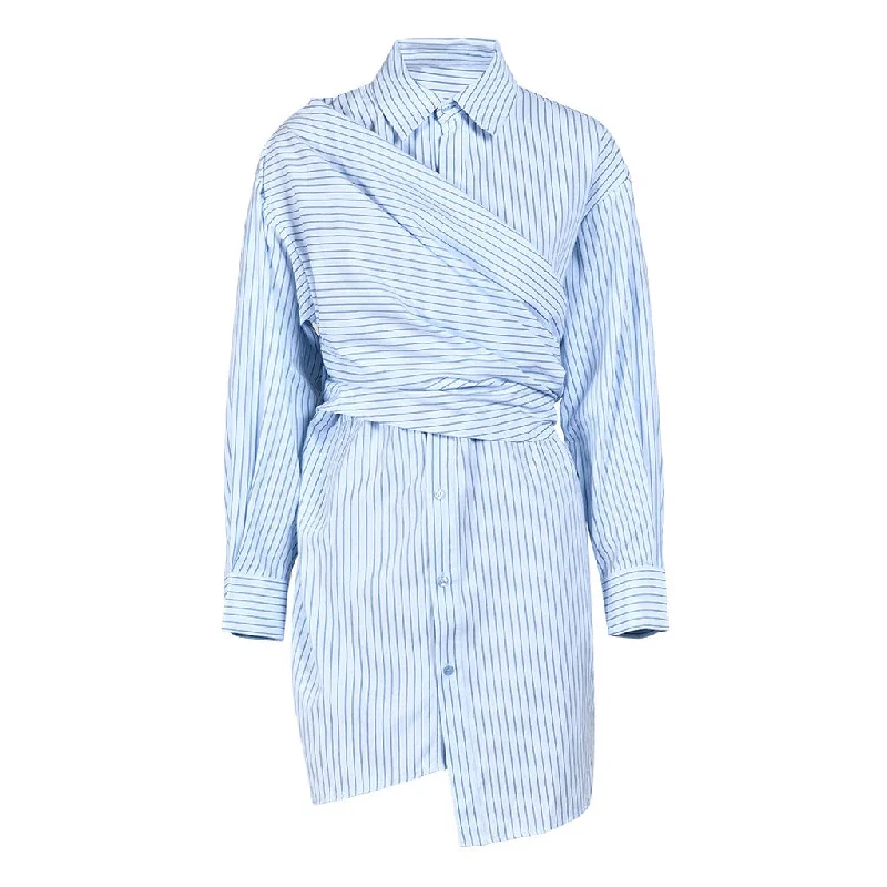 Asymmetrical Button Down Collared Wrap Effect Deconstructed Striped Mini Shirt Dress