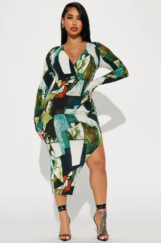 Jacqueline Abstract Midi Dress - Green/combo