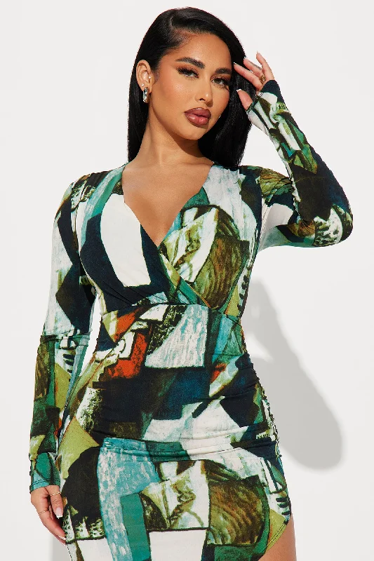 Jacqueline Abstract Midi Dress - Green/combo