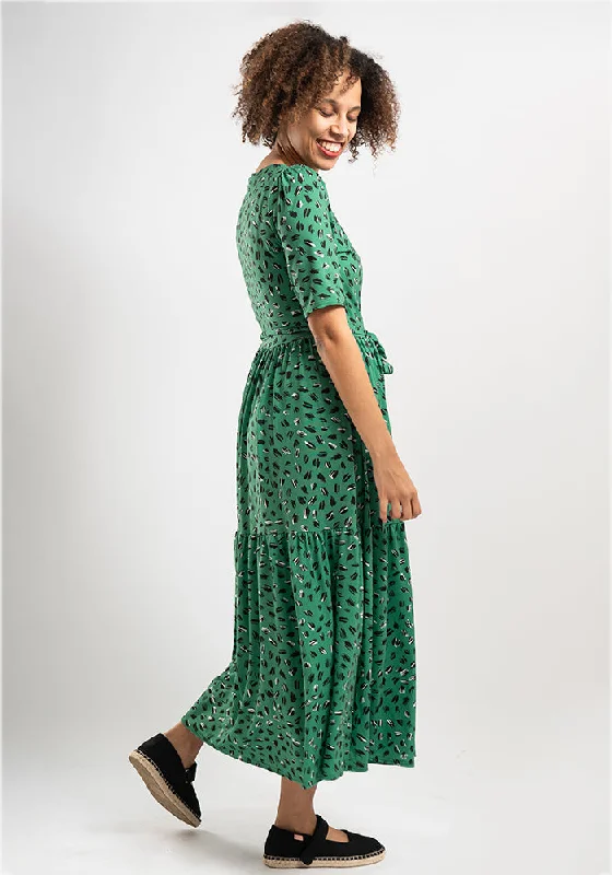 Jago Green Scribble Print Tiered Hem Midaxi Dress