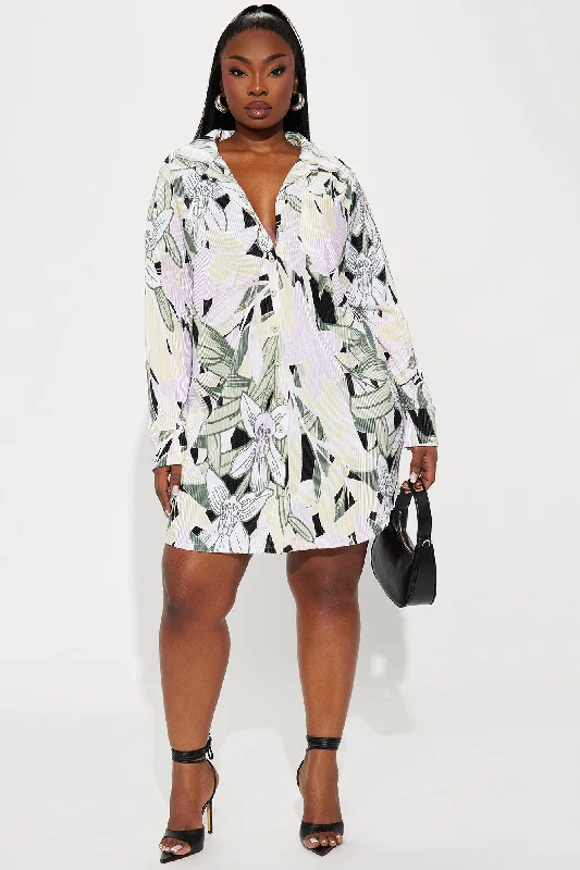 Lisa Plisse Floral Shirt Dress - Green/combo