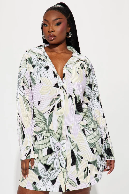 Lisa Plisse Floral Shirt Dress - Green/combo