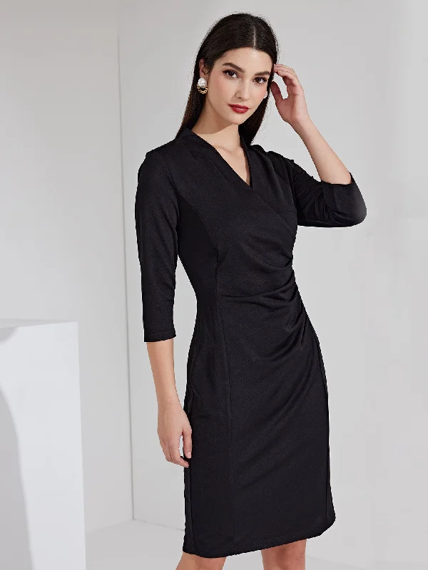 Half Sleeve V Neck Ruched Office Work Sheath Formal Pencil Dress