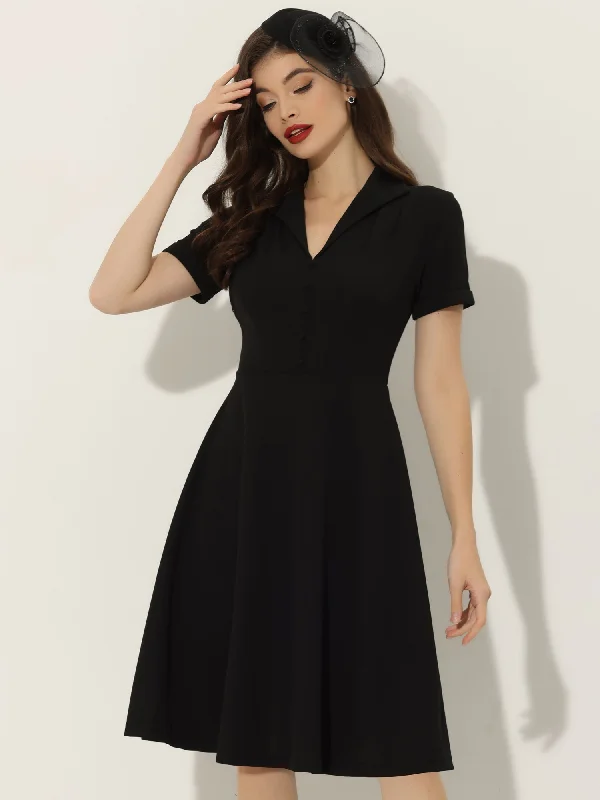 Vintage Flat Collar Solid Color Short Sleeve Fit and Flare Midi Dress