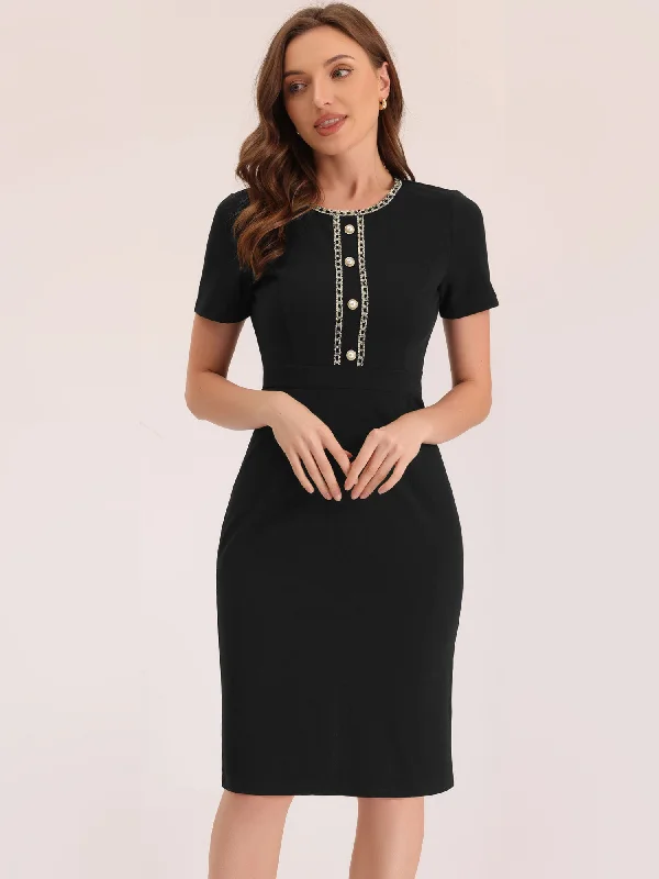 Short Sleeve Button Decor Bodycon Sheath Work Midi Dress