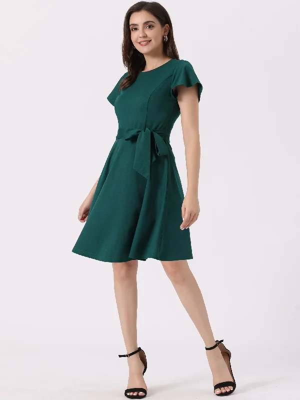 Tie Waist Round Neck Ruffle Short Sleeves Midi Dress