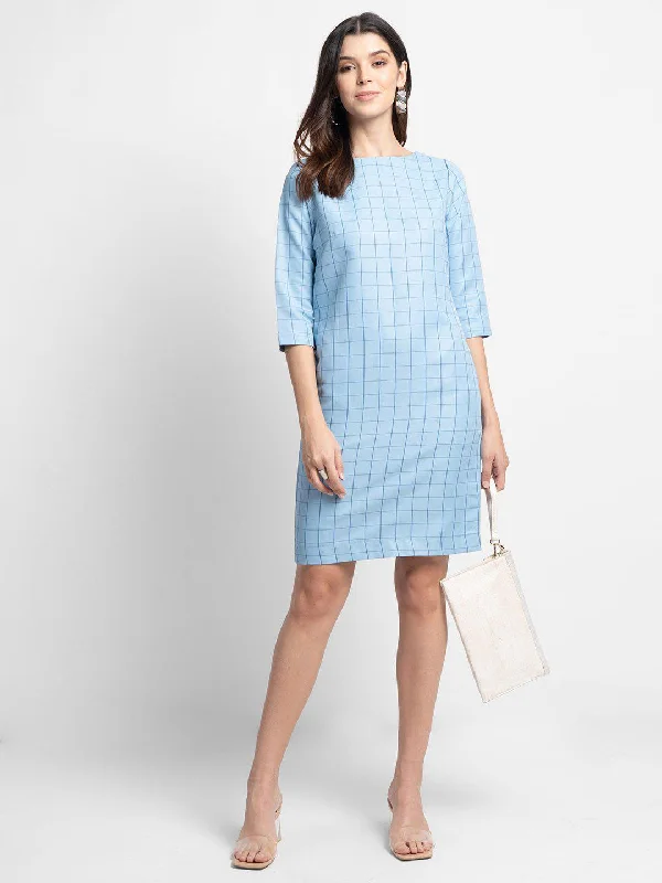 Sky Blue Windowpane Check Poly Cotton Sheath Dress