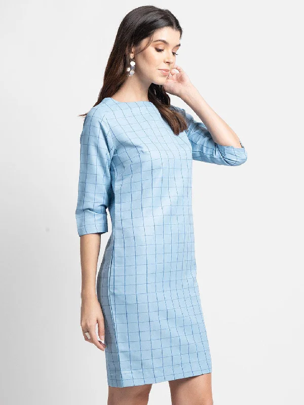 Sky Blue Windowpane Check Poly Cotton Sheath Dress