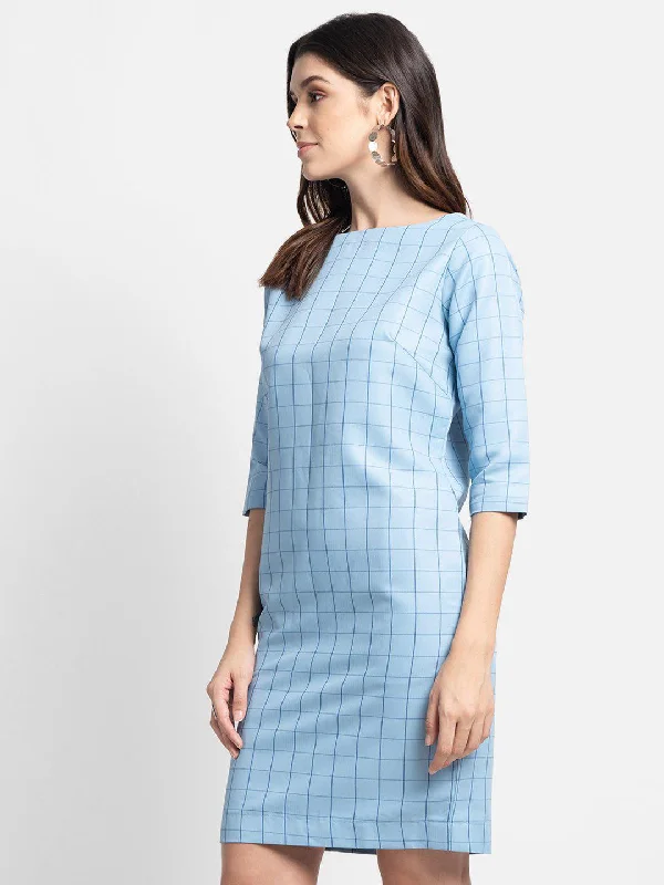 Sky Blue Windowpane Check Poly Cotton Sheath Dress