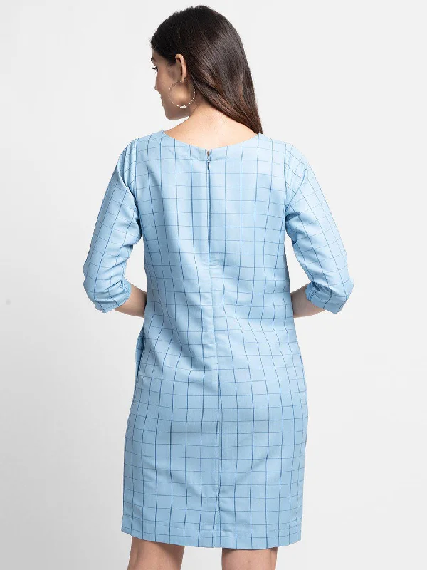 Sky Blue Windowpane Check Poly Cotton Sheath Dress