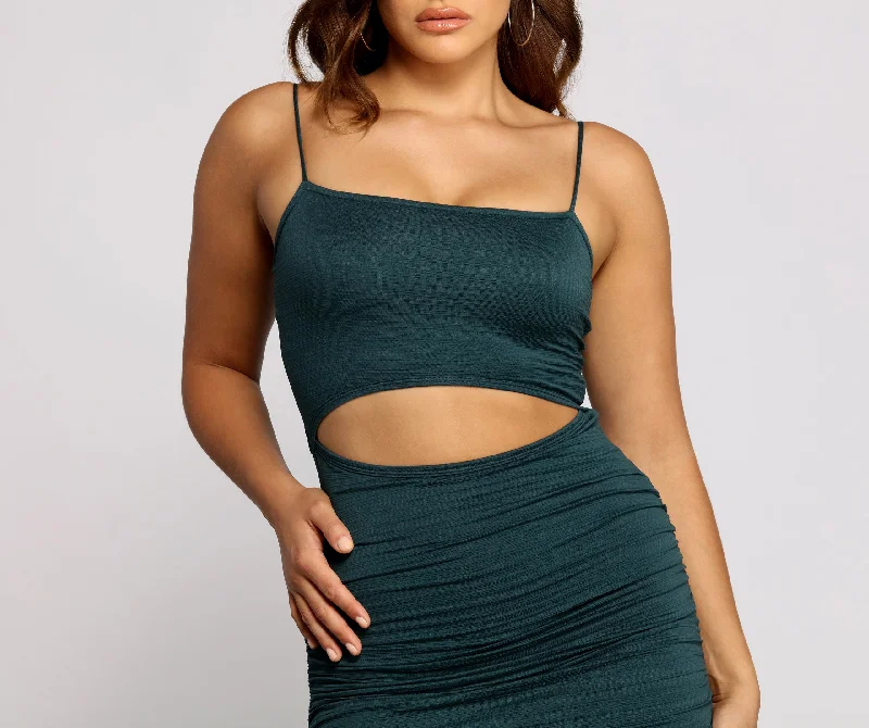 Strut It Out Ruched Cutout Midi Dress