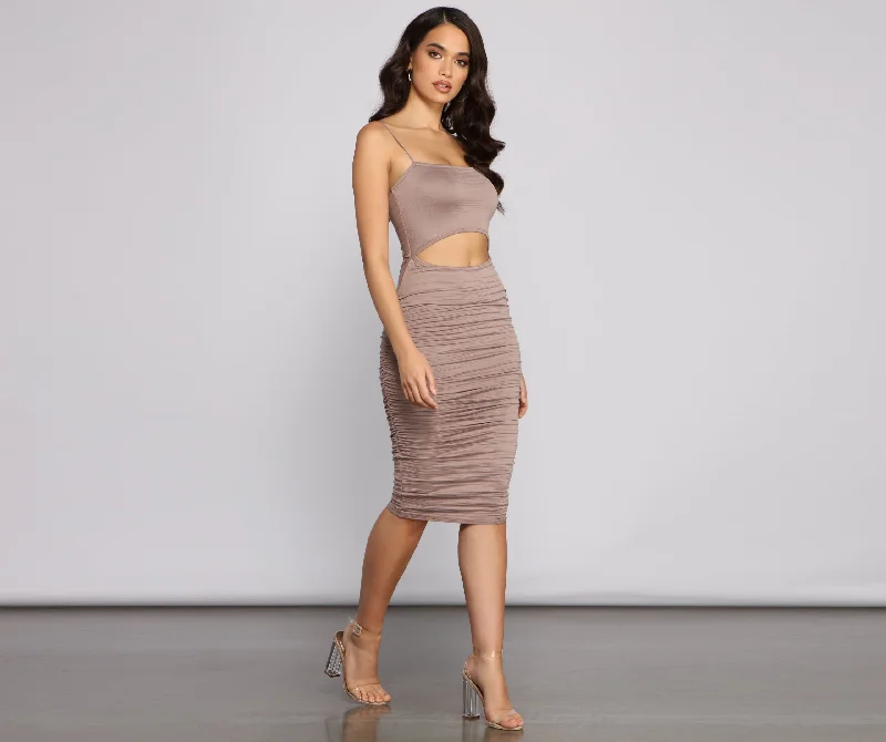 Strut It Out Ruched Cutout Midi Dress