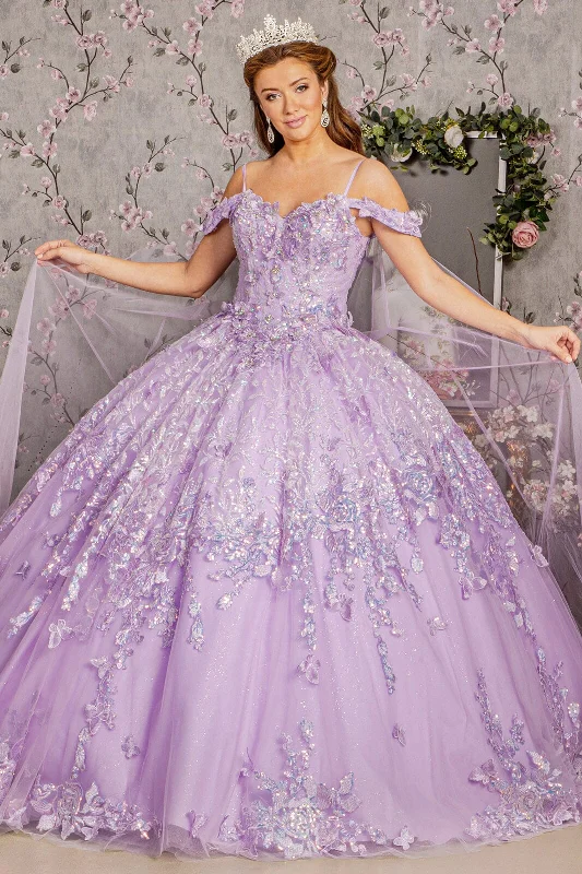 3D Butterfly Cold Shoulder Cape Ball Gown by Elizabeth K GL3185