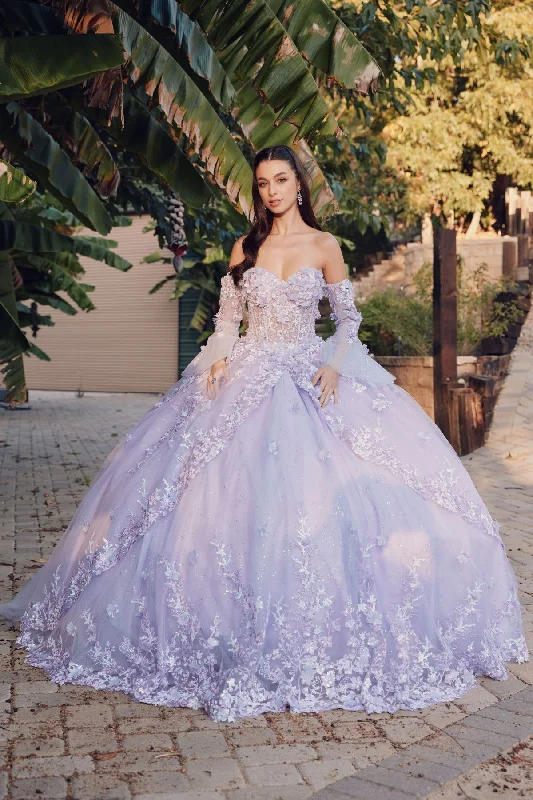 3D Floral Strapless Bell Sleeve Ball Gown by Juliet JT1459J