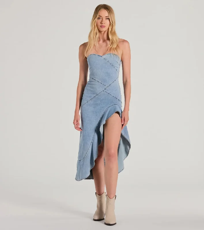 Admiring Style Strapless Ruffle High Low Denim Dress