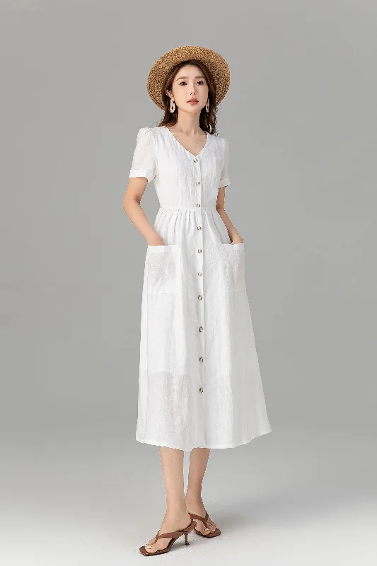 Button down white linen dress with pockets 4922