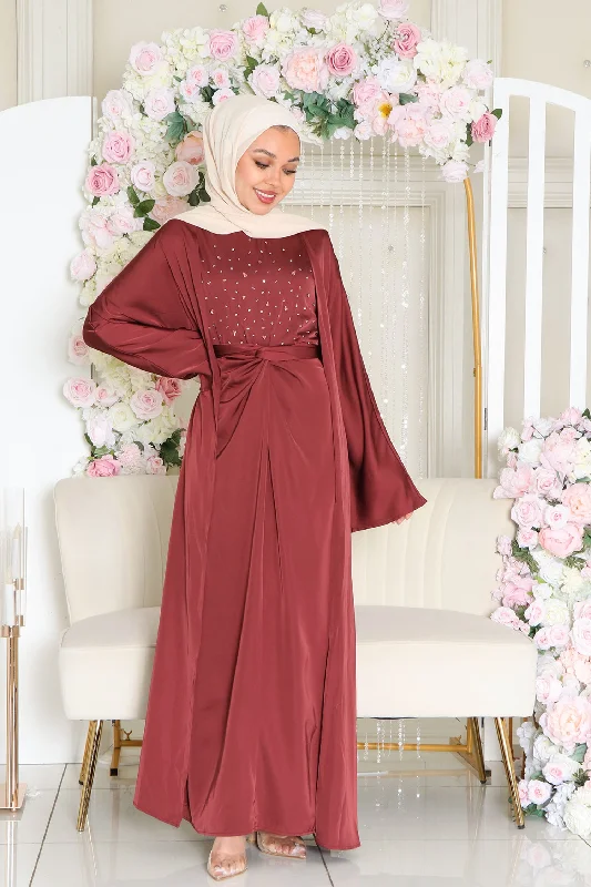 Celene Beaded Wrap Abaya Set- Burnt Sienna