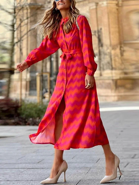 Dresses Wavy Print Lace-Up Long Sleeve Shirt Dress for Women