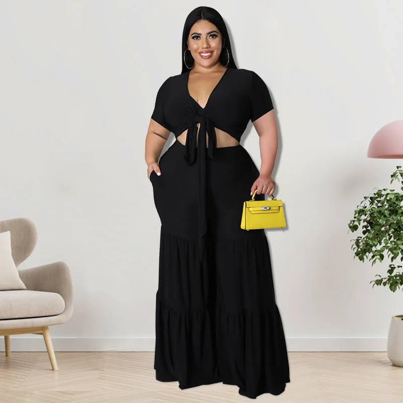 Fashion Plus Size Women 2pcs Set V-Neck Short Sleeve Crop Tops Wide Leg Set High Waist Pants Female Two Pieces Set Plus Size