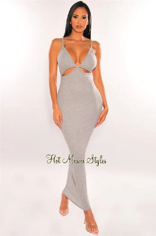 Gray V Neck Spaghetti Straps Cut Out Maxi Dress