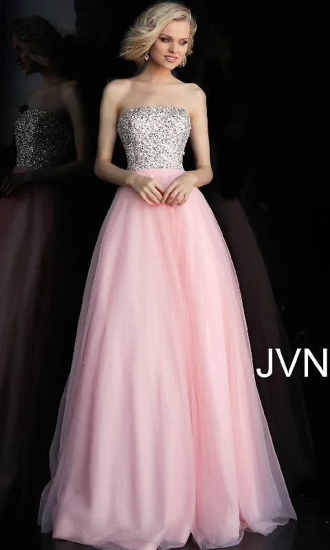 Long JVN by Jovani Strapless Blush Pink Prom Dress