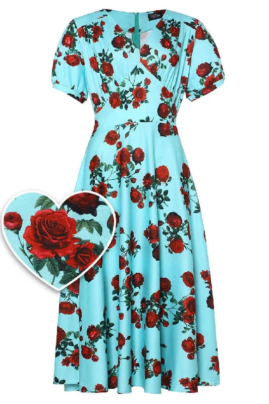 Julia 50s Style Red Rose Sleeved Dress in Blue