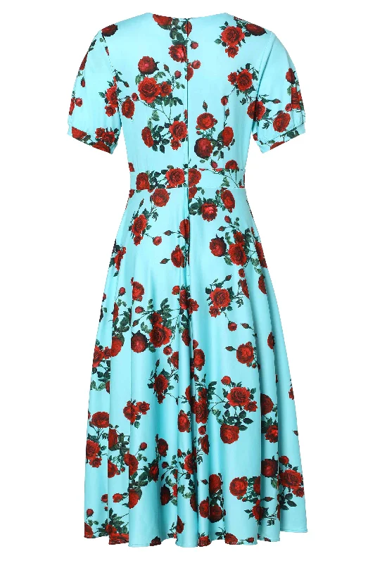 Julia 50s Style Red Rose Sleeved Dress in Blue