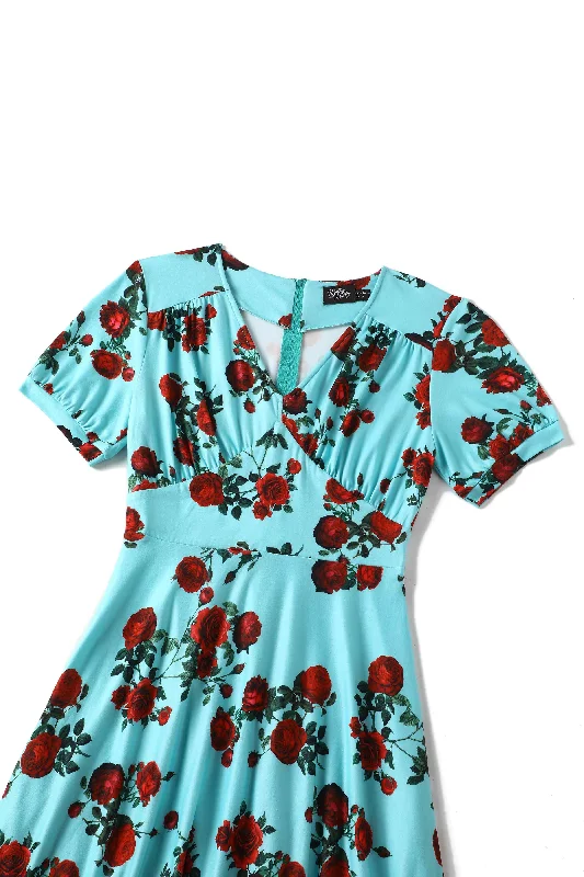 Julia 50s Style Red Rose Sleeved Dress in Blue