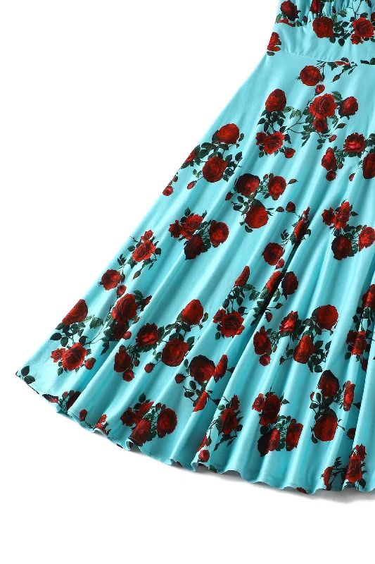 Julia 50s Style Red Rose Sleeved Dress in Blue