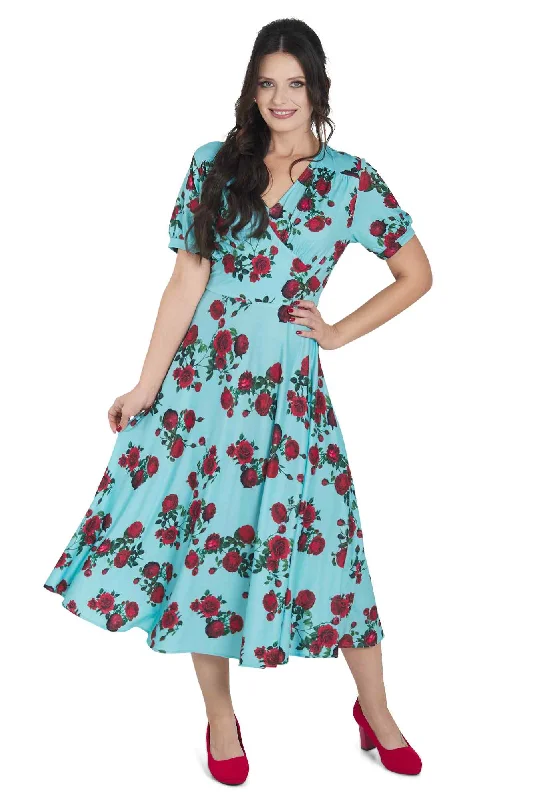 Julia 50s Style Red Rose Sleeved Dress in Blue