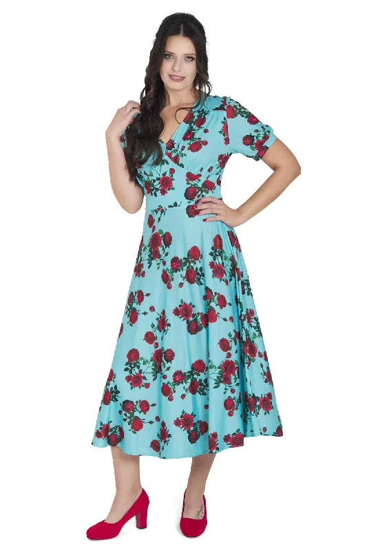 Julia 50s Style Red Rose Sleeved Dress in Blue