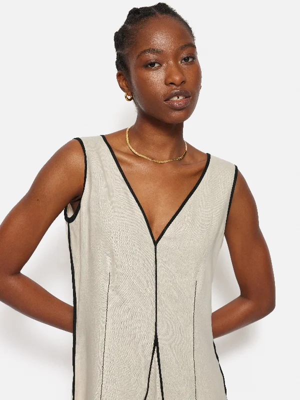 Linen Sleeveless Piped Dress | Cream