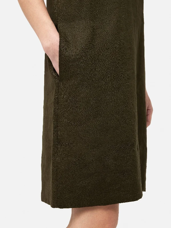 Linen Smocked T-shirt Dress | Dark Green