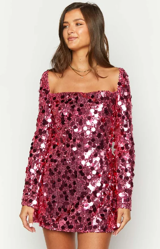 Marienne Pink Sequin Long Sleeve Mini Dress