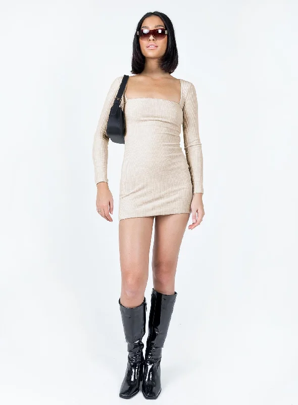 Melbourne Long Sleeve Mini Dress Beige