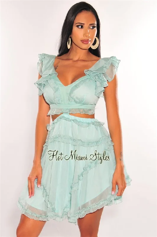 Mint V Neck Ruffle Cut Out Lace Up Back Dress