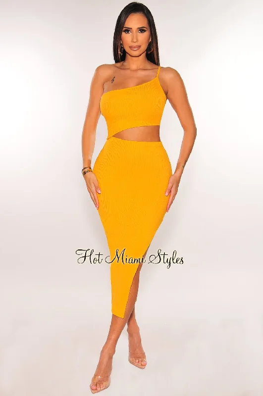 Mustard Ribbed Knit One Shoulder Cut Out Slit Dress