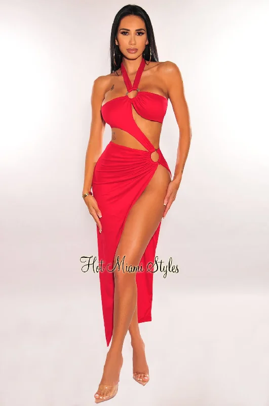 Red Halter O-Ring Cut Out Strap Slit Dress