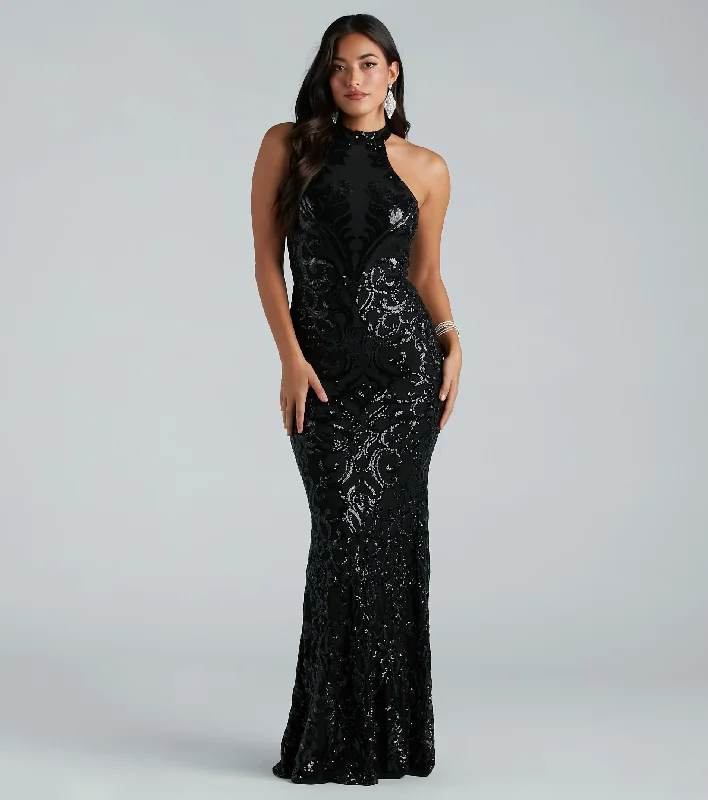 Sallie Formal Sequin Halter Mermaid Dress