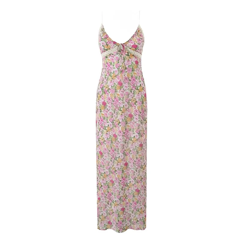 Sexy Floral Print Spaghetti Strap Bow Tie Lace Trim Smock Maxi Sundress