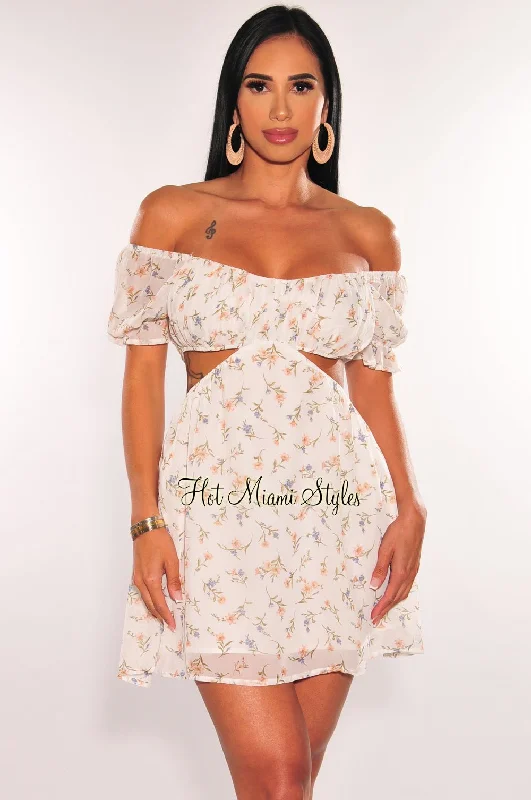 White Floral Print Off Shoulder Short Sleeve Cut Out Babydoll Dress