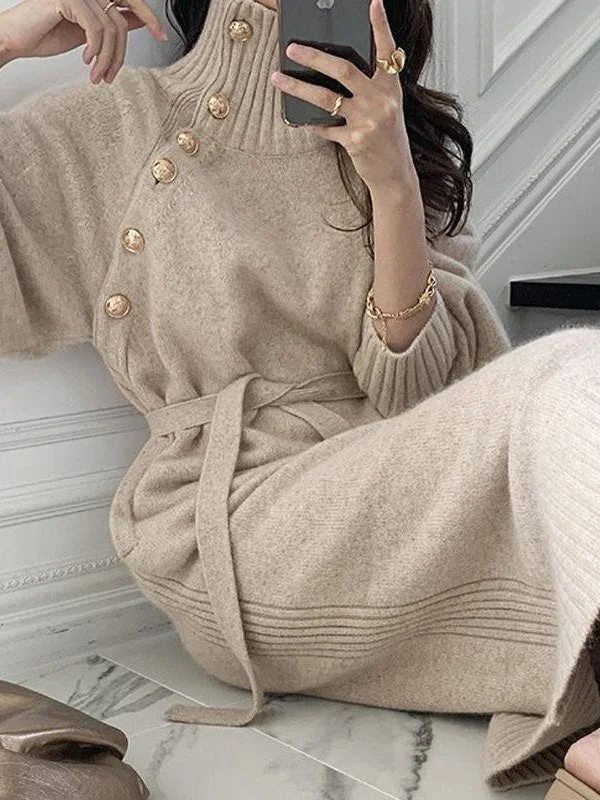 Women's Dresses High Neck Button Tie Long Sleeve Sweater Dress