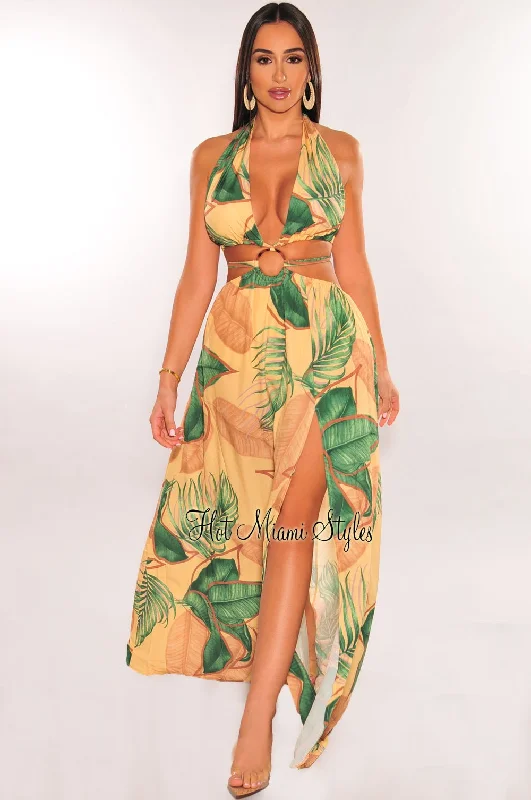 Yellow Tropical Palm Print Halter Padded Belted Slit Maxi Dress