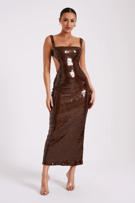 Adoria Sequin Cut Out Maxi Dress - Chocolate