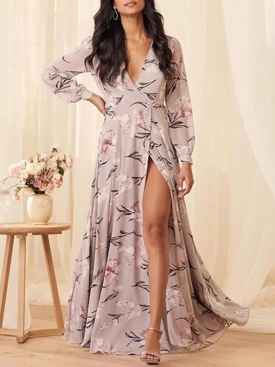 Dusty Purple Floral Print High Split Wrap Maxi Dress