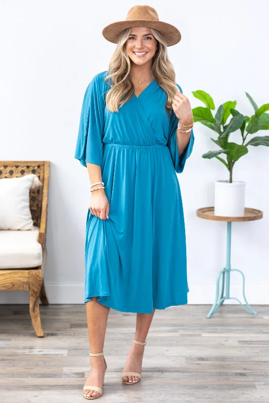 Dusty Teal Surplice Midi Dress