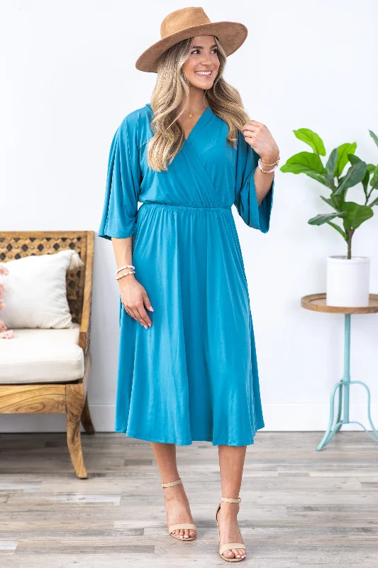 Dusty Teal Surplice Midi Dress