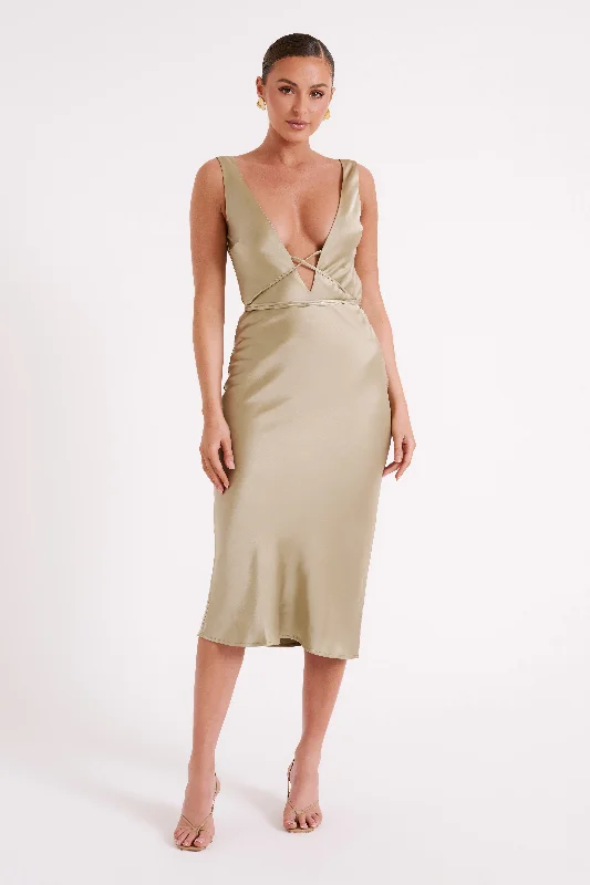 Elouise Tie Around Satin Midi Dress - Sage